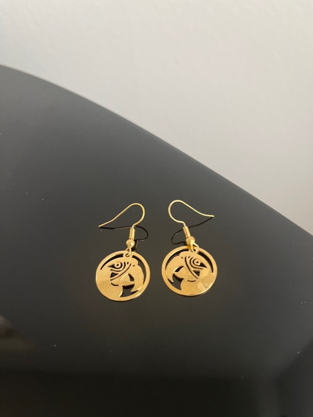Gold Cutout Disc Dangle Earrings - Picture 2 of 3